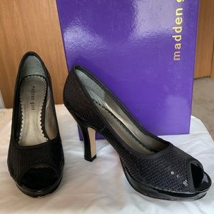 Madden Girl Black Sequin Peep Toe Heels Women SZ 9